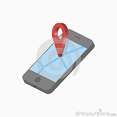 3D mobile phone and location pointer. Isometric smartphone with map and pin. GPS navigation concept. Vector. Vector Illustration