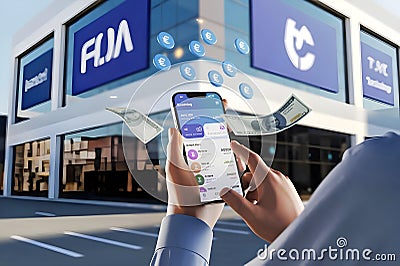 3d mobile screen touching with doller icon, walltet and text message icon, file, button, finace with others icons Stock Photo