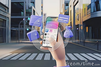 3d mobile screen touching with doller icon, walltet and text message icon, file, button, finace with others icons Stock Photo