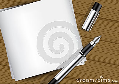 3D Mock up Realistic fountain Pen on white Paper on wood Background Illustration Vector Illustration