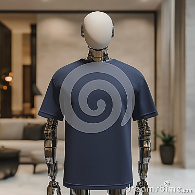 3D mockup of a blank t-shirt on a android robot in a clean, minimalistic setting with soft shadows emphasizing the fabric. Stock Photo