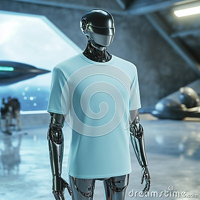 3D mockup of a blank t-shirt on a android robot in a clean, minimalistic setting with soft shadows emphasizing the fabric. Stock Photo