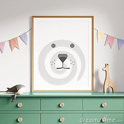 3d Mockup green nursery interior with a frame with minimal print of a bear a pale pink furniture with toys Stock Photo