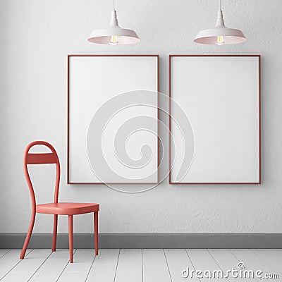 3d. mockup hipster interior with posters and chair Stock Photo