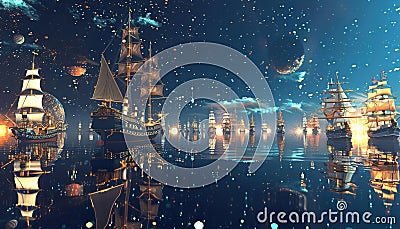 3D Model Abstract Art of Deep space exploratory abstract celestial armada navigating interstellar wonders and nebulae Stock Photo