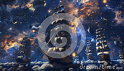 3D Model Abstract Art of Deep space voyaging abstract celestial armada of exploratory tall ships navigating nebulae Stock Photo