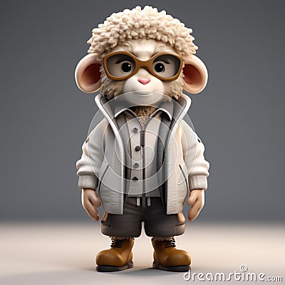 Urban Style 3d Cartoon Sheep With Glasses: Cute And Realistic Animation Stock Photo