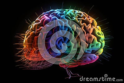 A 3D model of a brain pulsating and lit up in different colors as it interacts with an AI proam. . AI generation Stock Photo