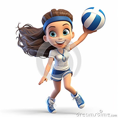 Whimsical Cartoon Girl Volleyball Player In Motion - Realistic And Hyper-detailed Renderings Cartoon Illustration