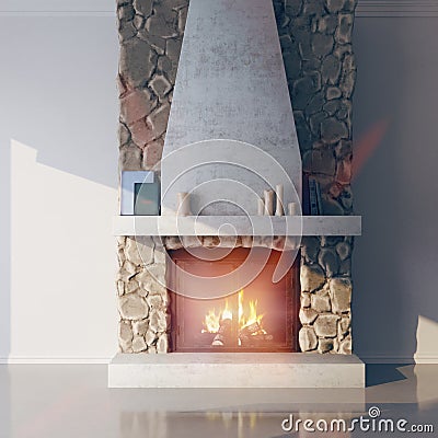 3d model of a fireplace made of stone. Fireside, chalet style in the interior. Stock Photo