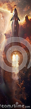 A 3D model of a futuristic spaceship blasting off towards a swirling nebula symbolizing the ongoing quest to explore the unknown Stock Photo