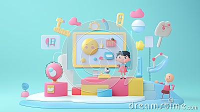 3D Model of an Interactive Edutainment Platform with Animated Learning Characters, generative ai Cartoon Illustration