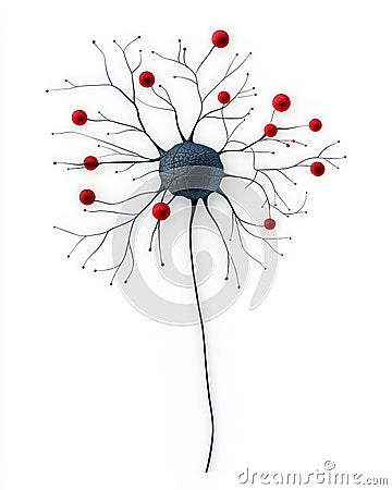 3D model of a neuron with red dendrites and a central cell body representing the structure of the nervous system Stock Photo