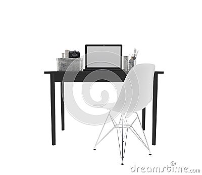 Workplace with black desk, computer and white chair Stock Photo