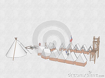 3d model of a scout camp as a pencil drawing with teepee Stock Photo