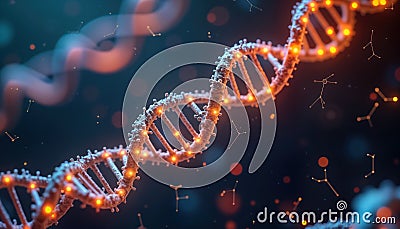 3D model shows DNA sequence genetic mutations. Digital data tags visualize variations in scientific setting. Futuristic tech Stock Photo