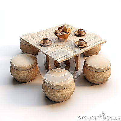 Japanese Dining Table With Wooden Stool Seats - 3d Render Stock Photo