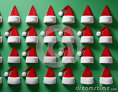 a 3d modeled cenital view, aerial view of a playful pattern design featuring many santa claus's hats partially embedded in a Stock Photo