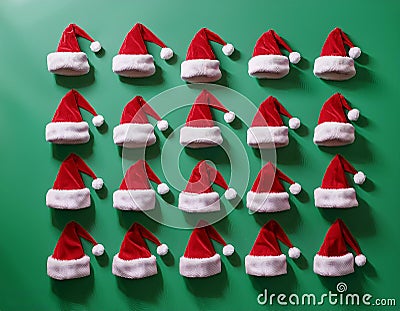 a 3d modeled cenital view, aerial view of a playful pattern design featuring many santa claus's hats partially embedded in a Stock Photo