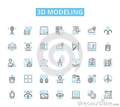 3d modeling linear icons set. Rendering, Animation, CAD, Sculpting, Texturing, Shading, Lighting line vector and concept Vector Illustration