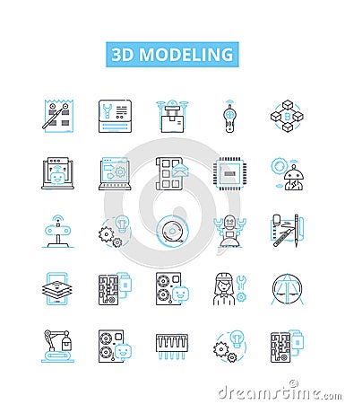 3d modeling vector line icons set. 3D, Modelling, Modeling, Designs, Rendering, Animation, Shapes illustration outline Vector Illustration