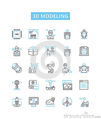3d modeling vector line icons set. 3D, Modelling, Modeling, Designs, Rendering, Animation, Shapes illustration outline Vector Illustration