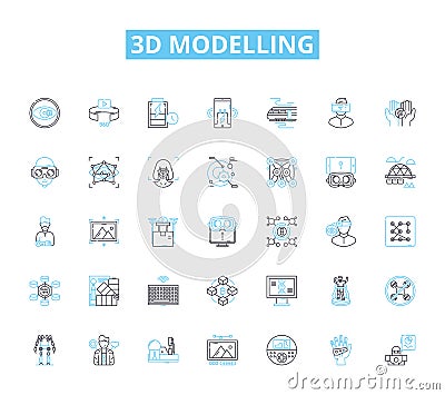 3d modelling linear icons set. Rendering, Sculpting, Texturing, Animation, Modeling, Rigging, Lighting line vector and Vector Illustration