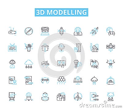 3d modelling linear icons set. Rendering, Sculpting, Texturing, Animation, Modeling, Rigging, Lighting line vector and Vector Illustration