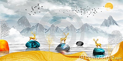 3d modern canvas art mural wallpaper landscape lake background . golden deer, christmas tree , gray mountain , sun with clouds an Cartoon Illustration