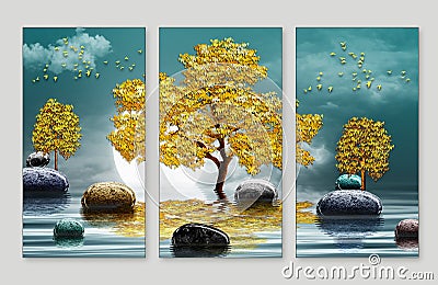 3d modern canvas art mural wallpaper landscape lake background. moon in water and golden christmas tree, gray mountain, sun with Stock Photo