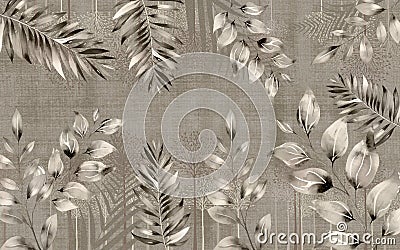 3d modern floral mural wallpaper. leaves pattern on classic background. interior bedroom home wall decoration Stock Photo