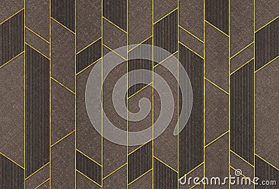 3d modern geometric mural wallpaper. Golden lines in dark background. Stock Photo