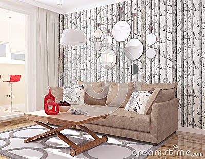 3d interior. modern living room with wallpaper tree cole & son and brown sofa Stock Photo