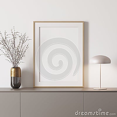 3d modern mockup with frame on a grey sideboard and a white lamp Stock Photo