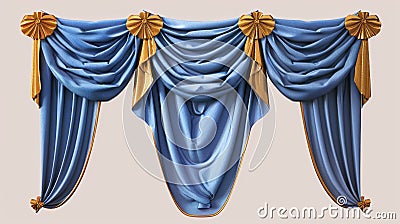3D modern mockup of a realistic curtain set with blue folded cloth and gold ties and pelmet for curtains for windows Stock Photo
