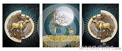 3d modern mural art wallpaper wall poster. Night landscape, golden wavy lines, and golden trees and deer. dark blue background Stock Photo