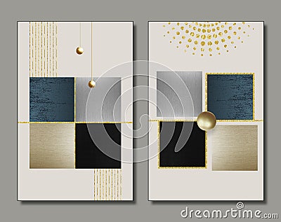 3d modern wall frame canvas art wallpaper. black and golden marble with black lines and shpere . for wall home decor Stock Photo