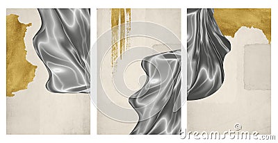 3d modern wall poster art. golden shapes and silver silk on light background. modern wall artwork Stock Photo