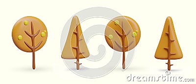 3D molded tree with round and triangular crown in different positions Vector Illustration