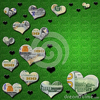 3-D money & black hearts on green glitter background Stock Photo