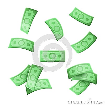 3D money cash. Dollar banknotes rain. Fly stack of paper. Falling green bill. Credit or coin. Financial payment. Lottery Vector Illustration