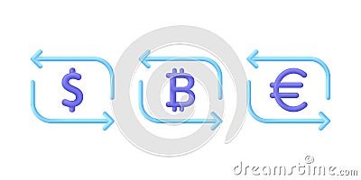 3D Money exchange icon. Concept of currency exchange or cash back. Money conversion. Dollar, euro, bitcoin Vector Illustration