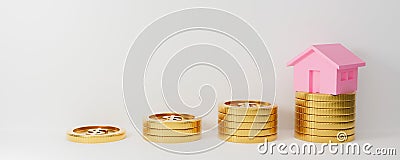 3d money home on white background with gold coins. Save money business finance. Investment property concept. 3d rendering for Stock Photo