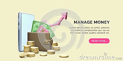 3D money management banner. Realistic mobile phone wallet with paper currency gold coins and arrow up. Mobile app online finance Vector Illustration