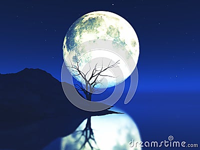 3D moonlit landscape with old gnarly tree Stock Photo