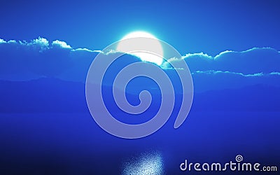 3D moonlit sky over the ocean Stock Photo