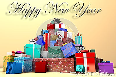 3D mountain of New Year`s gifts and the inscription Happy New Year Stock Photo