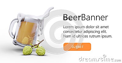 3d mug with foamy beer. Advertising of brewing, beer products. Glass realistic mug with reflection Vector Illustration