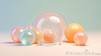 3D multi-coloured spheres of different sizes and transparency. Pastel colour palette. Abstract background. Generative AI Stock Photo