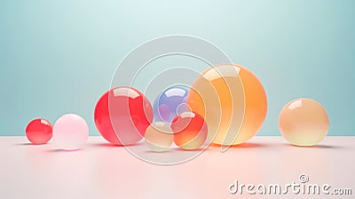 3D multi-coloured spheres of different sizes and transparency. Pastel colour palette. Abstract background. Generative AI Stock Photo